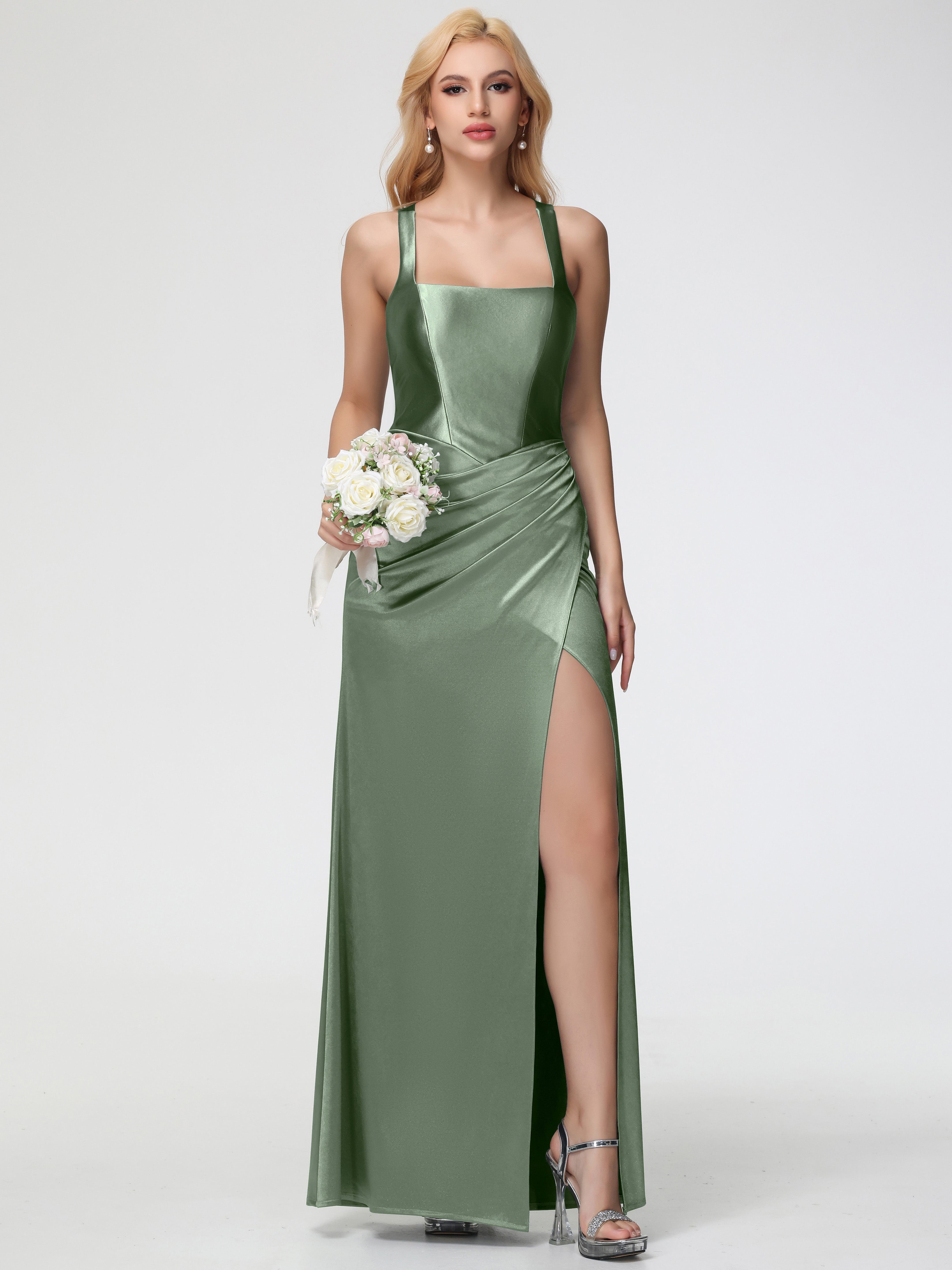 Dusty Sage Formal Dresses Straps Ruched Floor Length Sheath Formal Dress With Slit