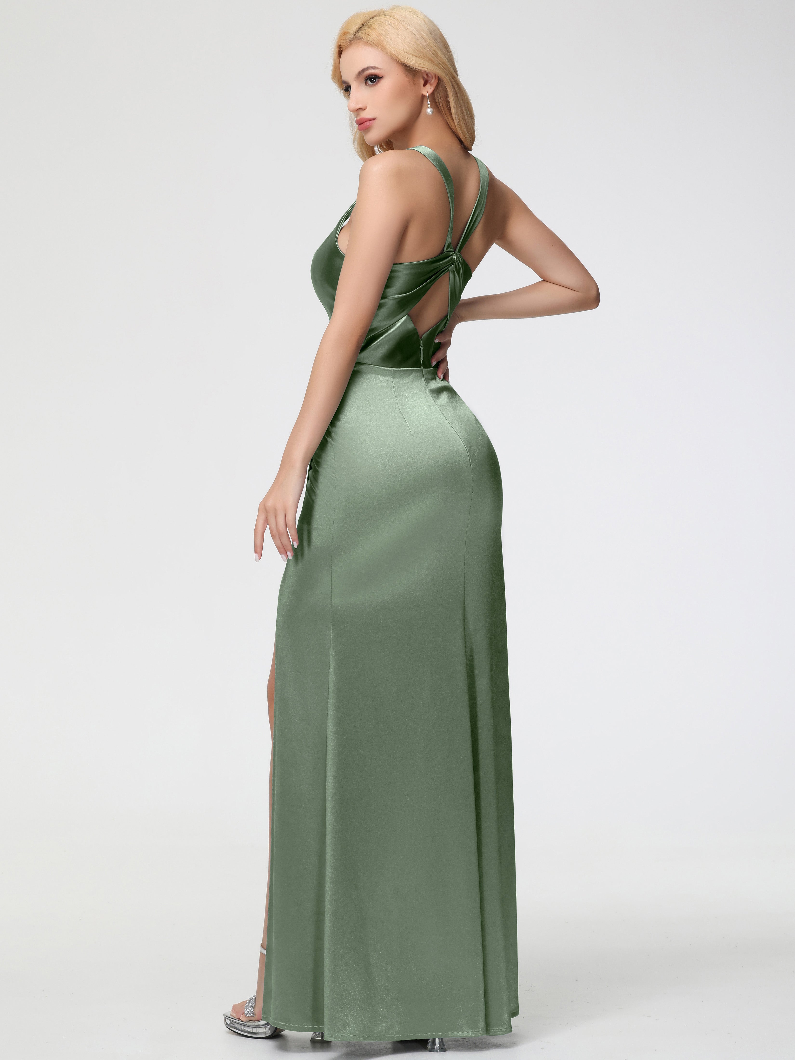 Dusty Sage Formal Dresses Straps Ruched Floor Length Sheath Formal Dress With Slit