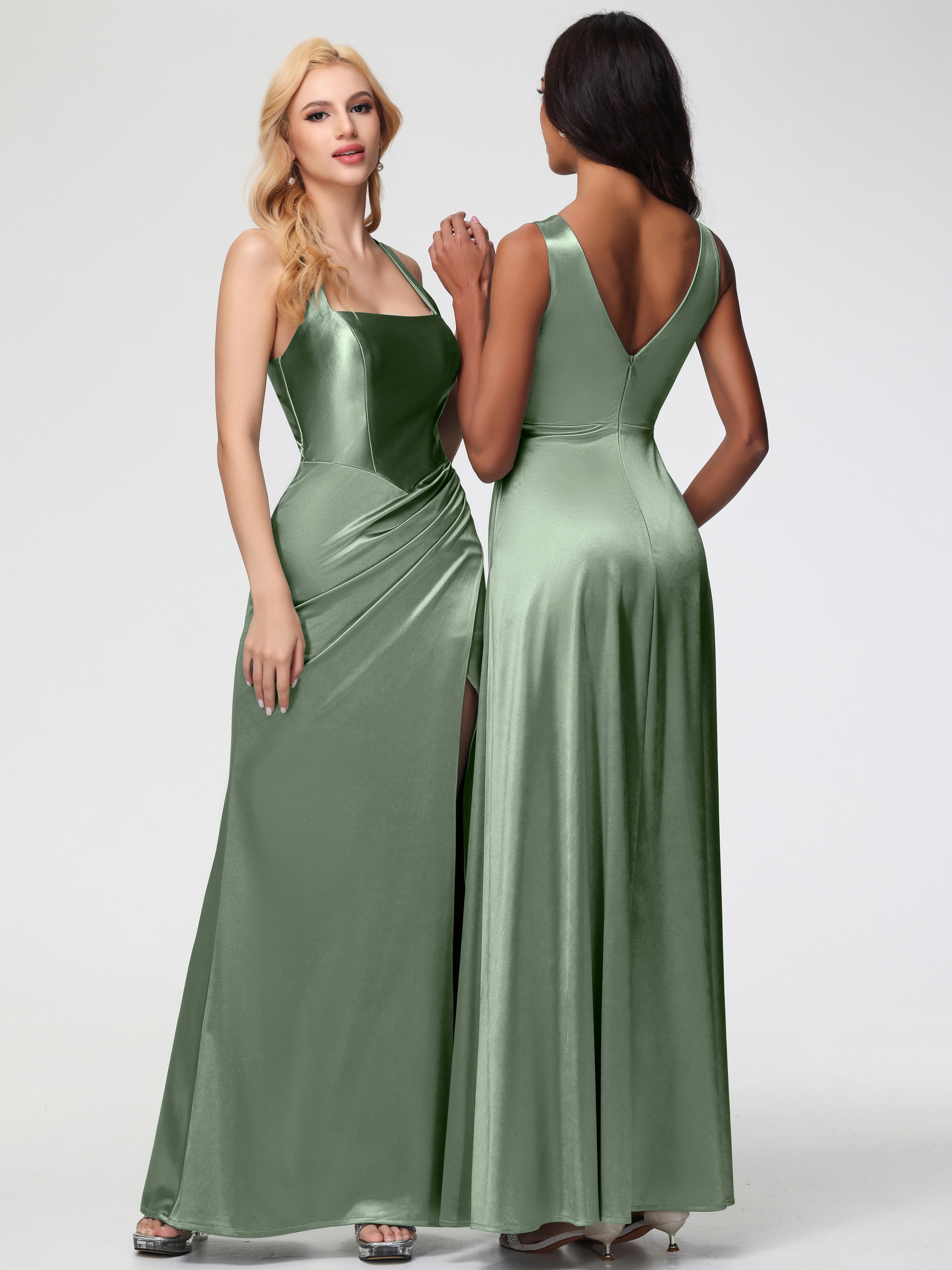 Dusty Sage Formal Dresses Straps Ruched Floor Length Sheath Formal Dress With Slit