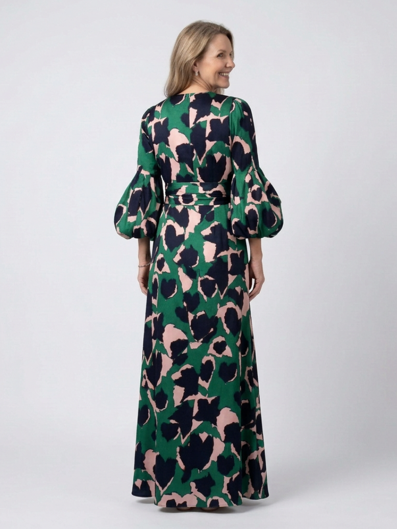 Animal Print V-Neck Puff Sleeve Tie Waist Maxi Dress