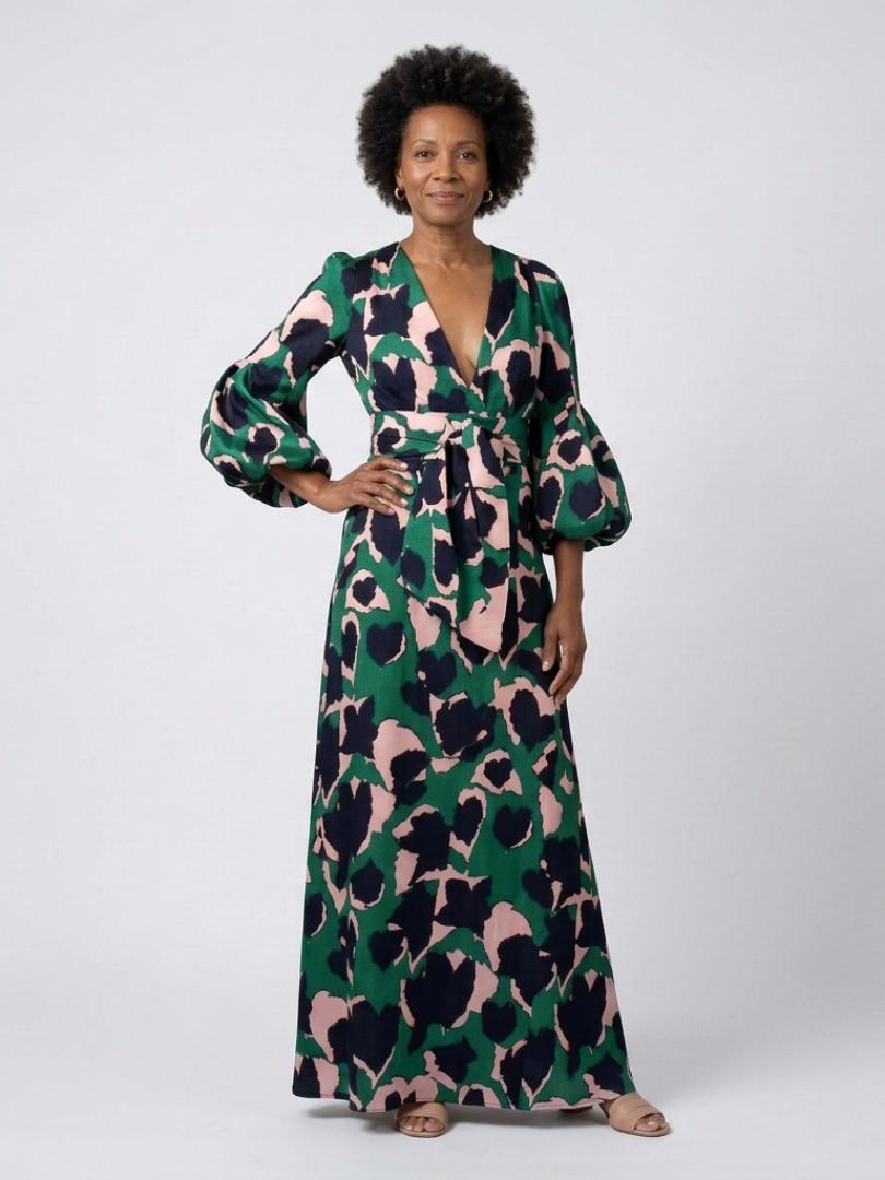 Animal Print V-Neck Puff Sleeve Tie Waist Maxi Dress