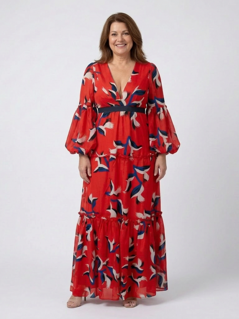 Animal Print V-Neck Puff Sleeve Tie Waist Maxi Dress