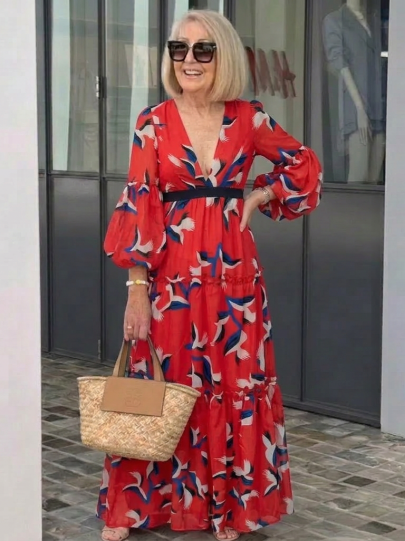 Animal Print V-Neck Puff Sleeve Tie Waist Maxi Dress