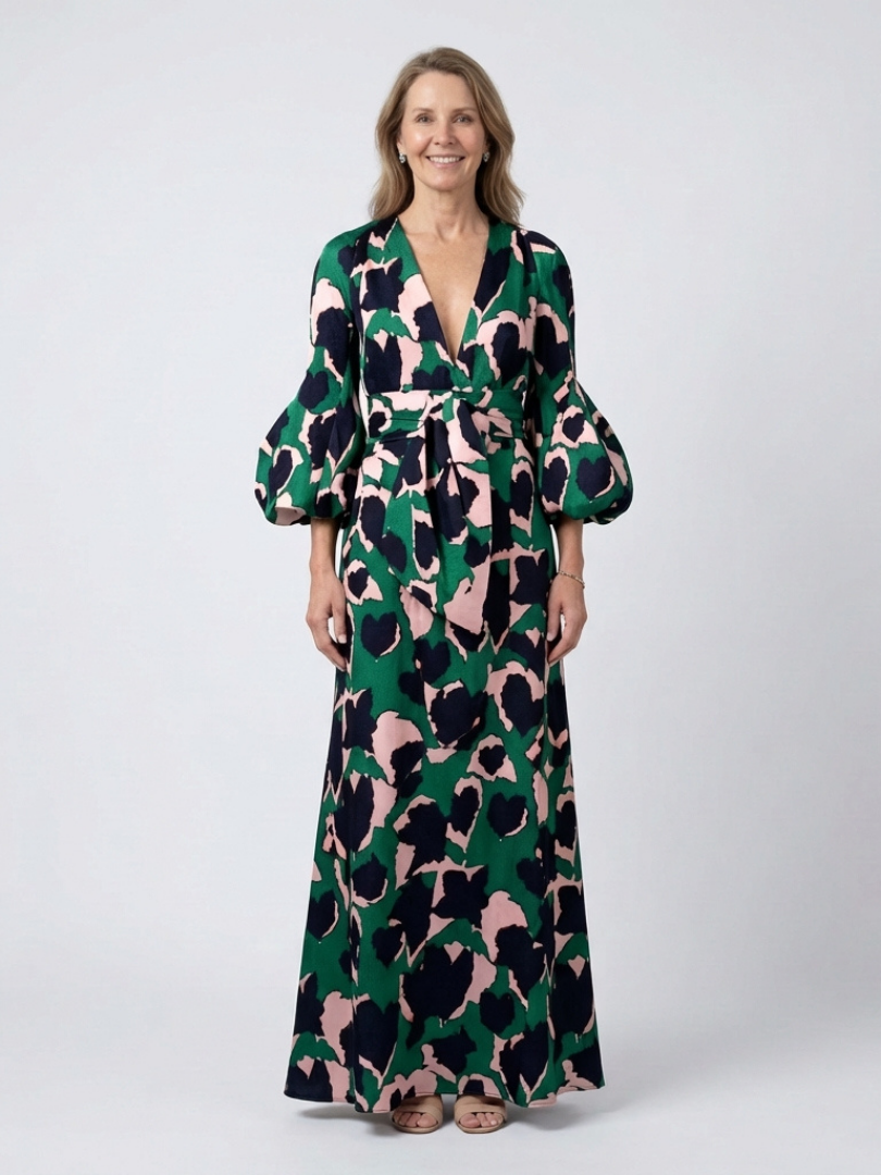 Animal Print V-Neck Puff Sleeve Tie Waist Maxi Dress
