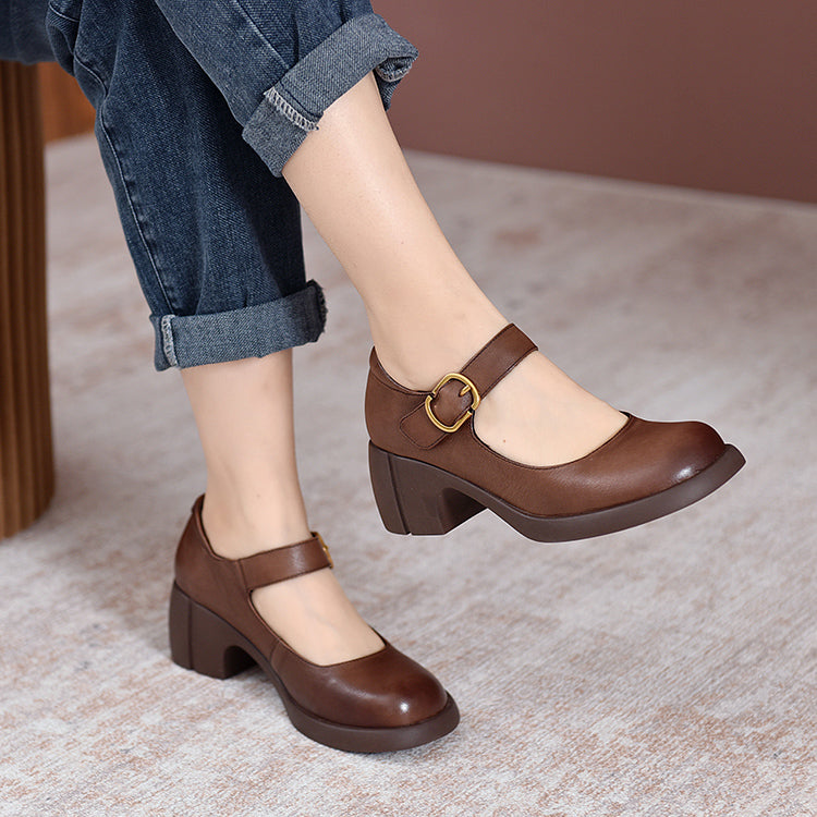 Round Toe Buckle Strap Platform Block Heel Mary Jane Pumps