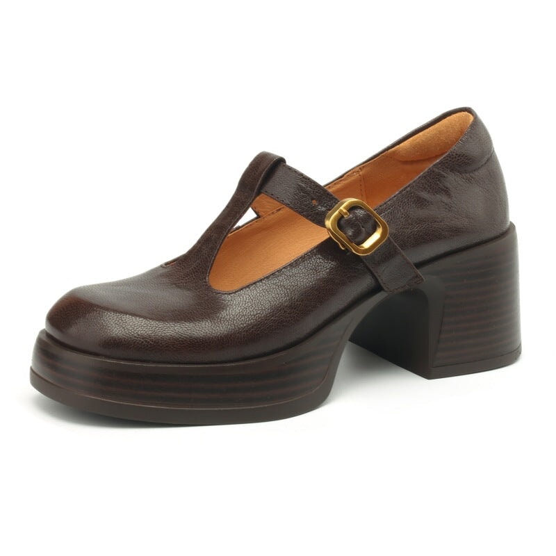Round Toe T-Strap Platform Block Heel Mary Jane Pumps