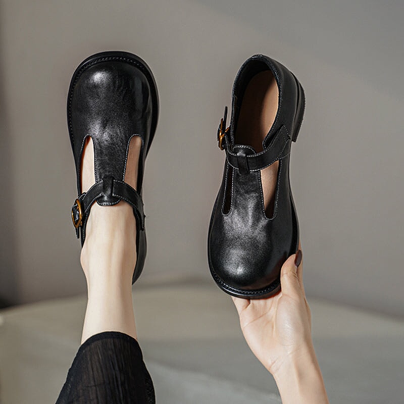 Round Toe T-Strap Buckle Flat Mary Janes