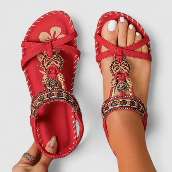 Beaded T-Strap Slingback Flat Sandals