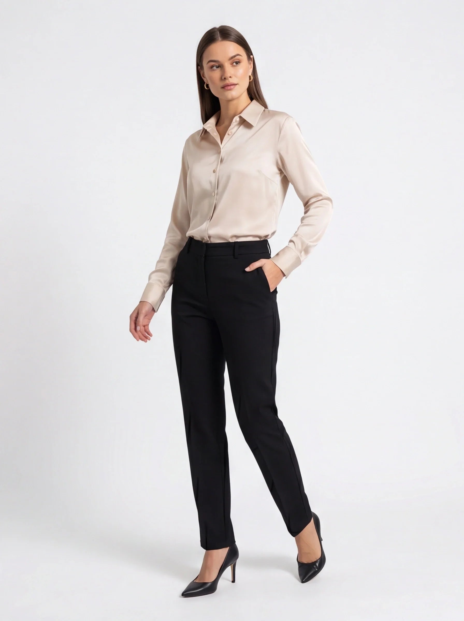 Elegant White Silk Blouse with Tailored Fit and Button Details