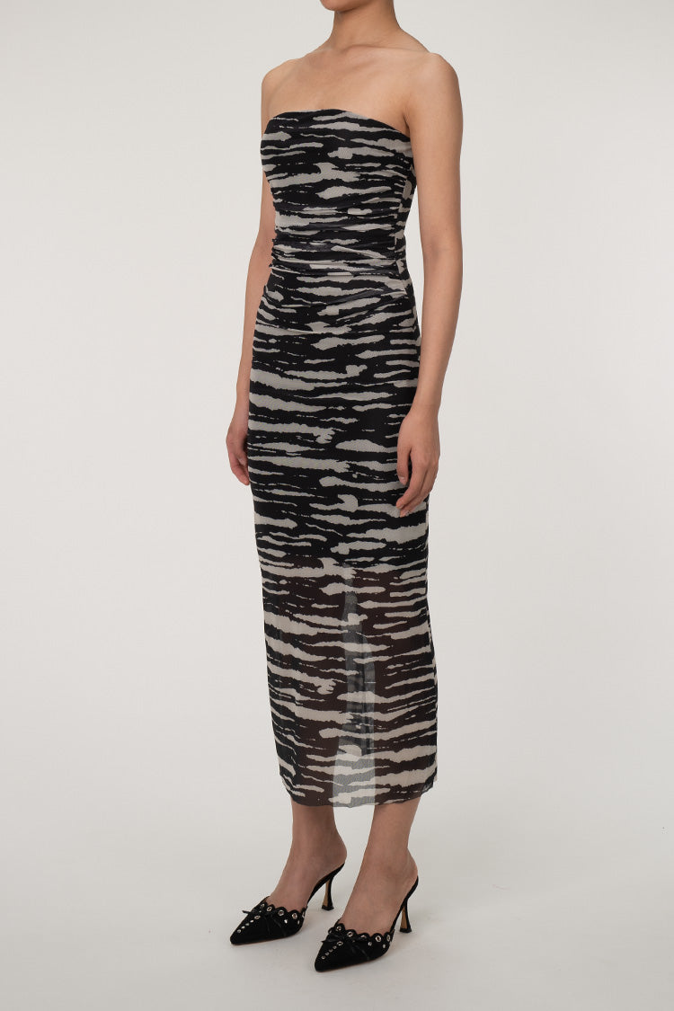 Dynamic Zebra Printed Strapless Ruched Mesh Bodycon Cocktail Midi Dress