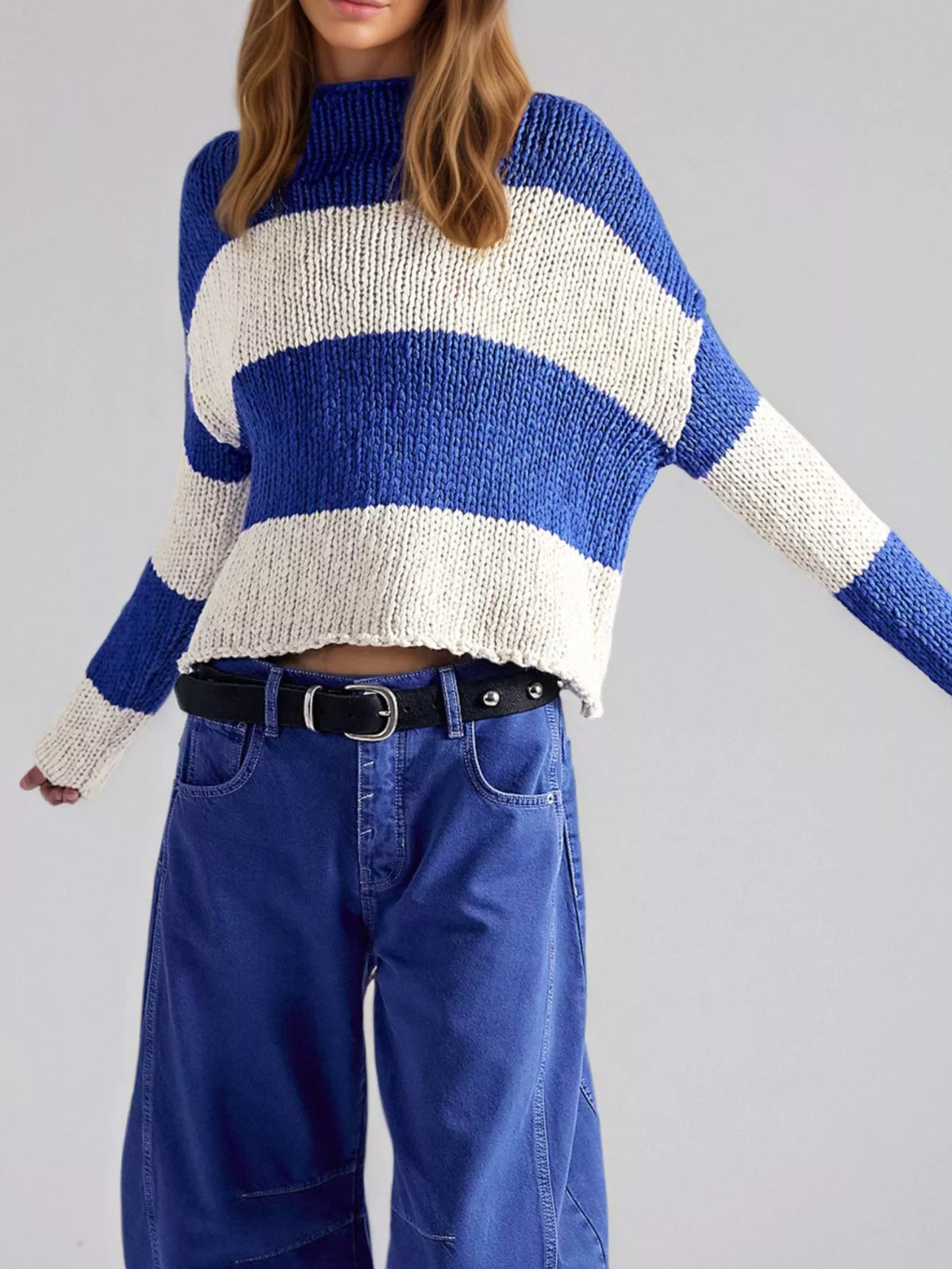 Wide Striped Mock Neck Long Sleeve Chunky Knit Cropped Sweater