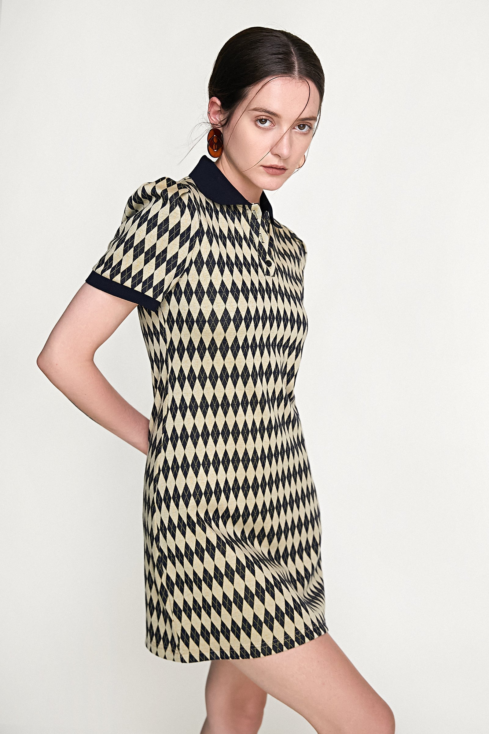 Argyle Knit Polo Collar Puff Sleeve Contrast Trim Mini Dress