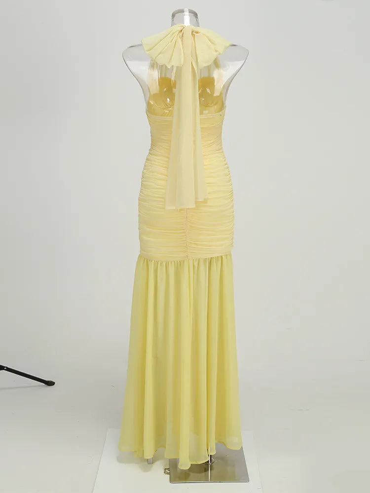Sheer Mesh Asymmetric Halter Neck Ruched Bodice Mermaid Maxi Dress 19