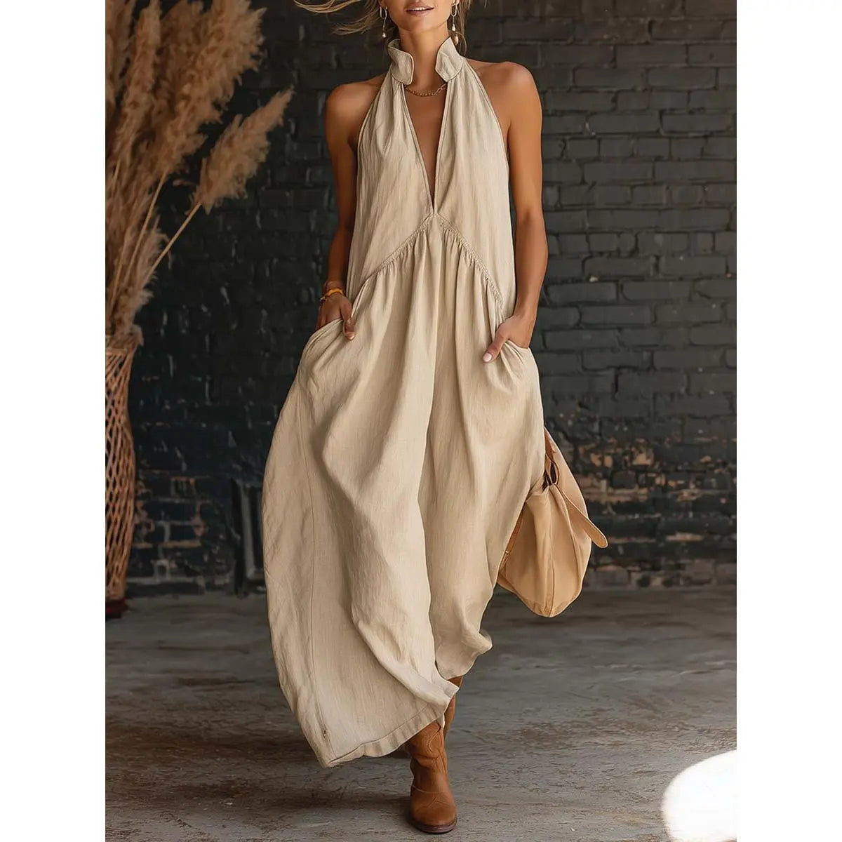 Halter Neck Deep V-Neck Pocket Maxi Dress 4