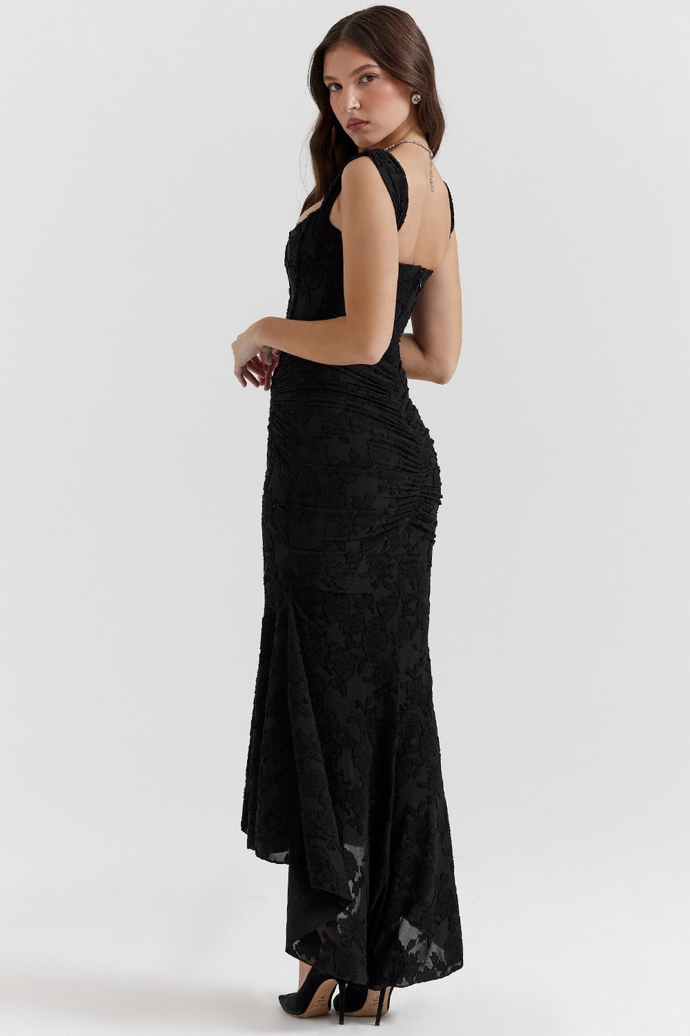Jacquard Square Neck Corset Ruched Mermaid Gown