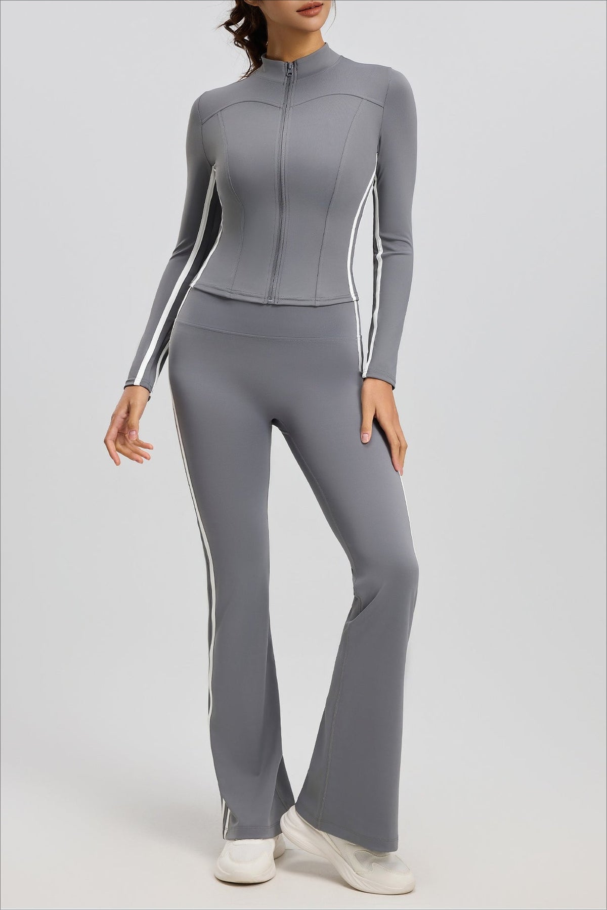 Mock Neck Zip Front Jacket and Side Stripe Flare Leggings Two Piece Set 4