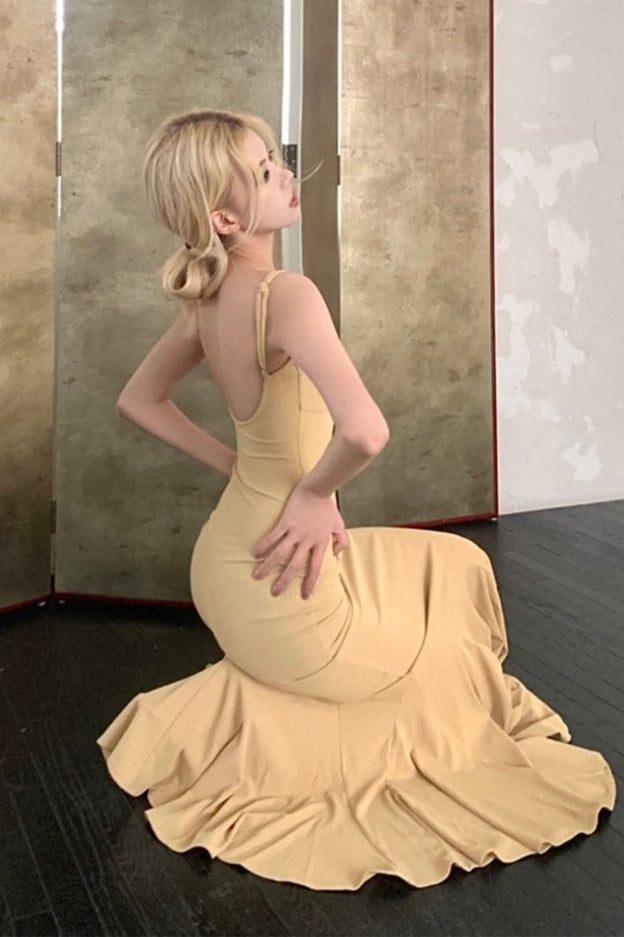 Backless Spaghetti Strap Ruffle Fishtail Mermaid Maxi Dress