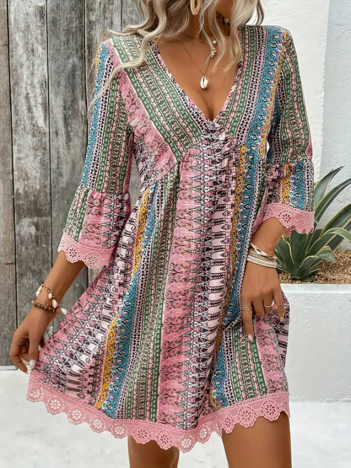 Boho Print Deep V-Neck Lace Trim Mini Dress 11