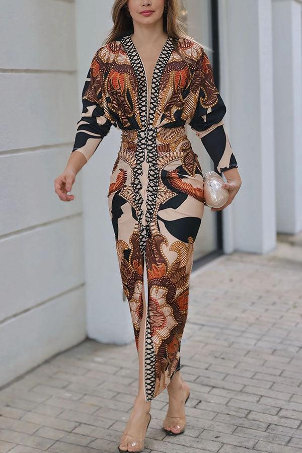 Unique Print Dolman Long Sleeve Ruched Slit Midi Dress Brown