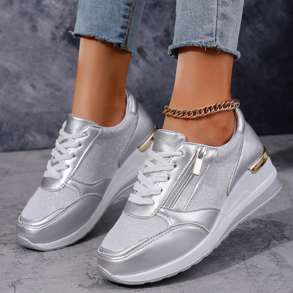 Lace Up Side Zip Wedge Sneakers