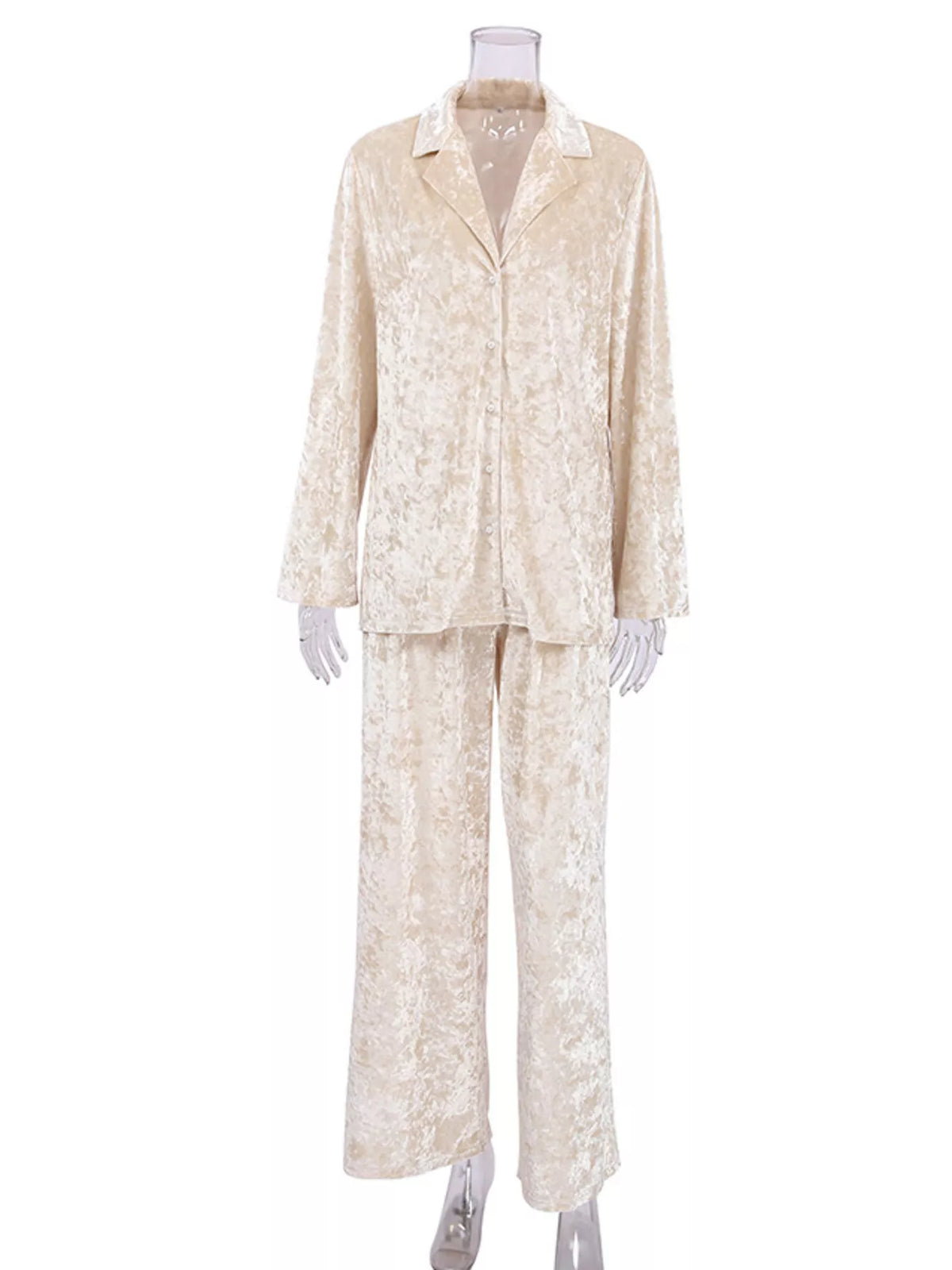 Crushed Velvet Lapel Collar Long Sleeve Top and Wide Leg Pants Two Piece Set 5