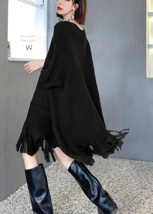 Knit Tassel Fringe Batwing Sleeve Oversized Mini Sweater Dress
