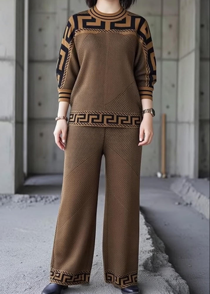 Greek Key Print Mock Neck Top and Wide Leg Pants Two Piece Set