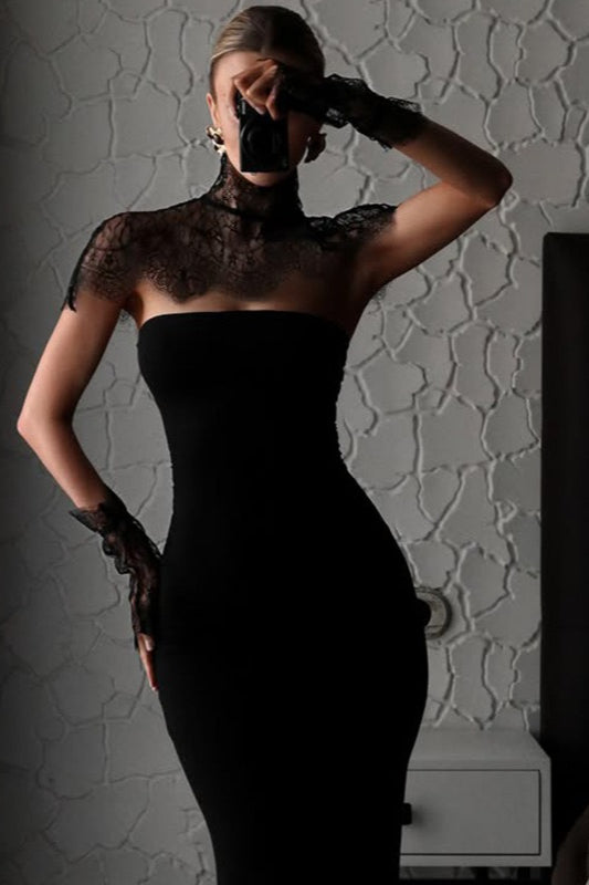 Black Strapless Lace Bodycon Maxi Lace Dress