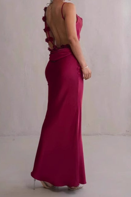 Satin Cowl Neck Spaghetti Strap Bias Cut Bodycon Maxi Dress