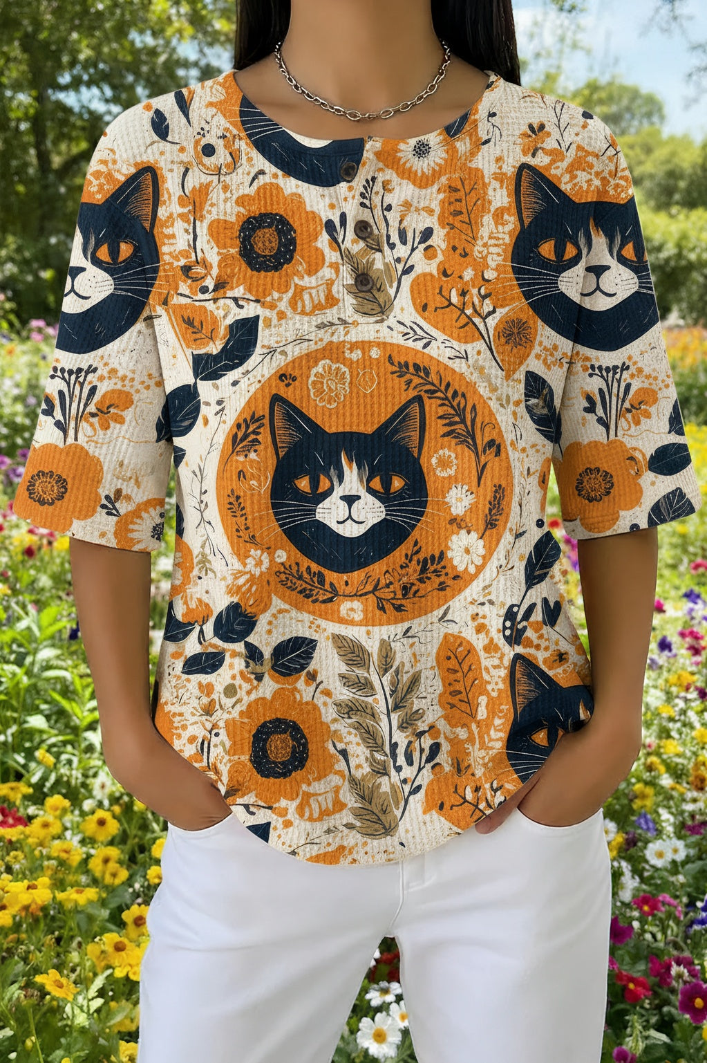 Womens Brown Sunflower Black Cat Print Casual Shirt