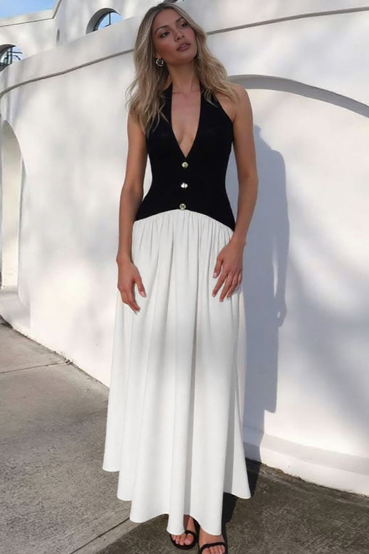 ColorBlock Button Detail Party Dress