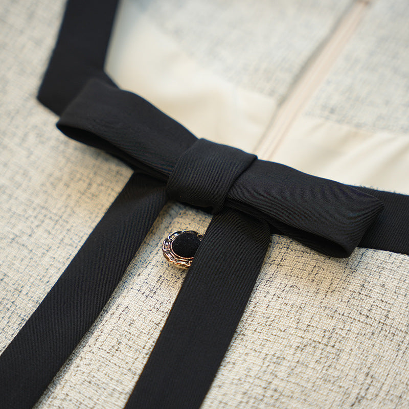 Tweed Square Neck Bow Short Sleeve Frayed Trim Mini Dress