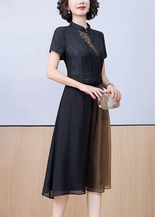 Mandarin Collar Floral Embroidery Asymmetrical Pleated Midi Dress
