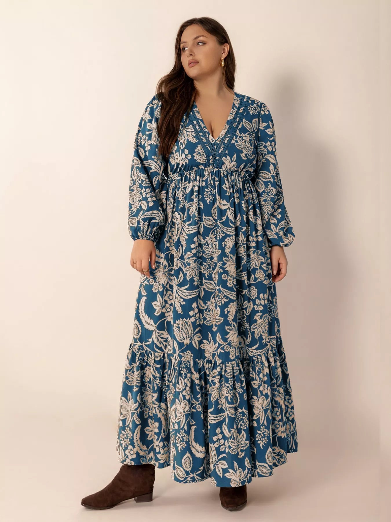 Plus Size Boho Floral Print Long Sleeve Maxi Dress Peacock Blue