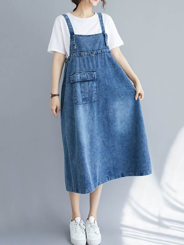 Denim Bib Strap Cargo Pocket Loose Fit Midi Overall Dress