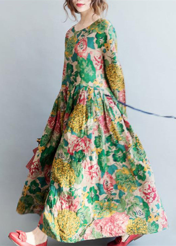 Tropical Print Long Sleeve Crew Neck Flowy Maxi Dress
