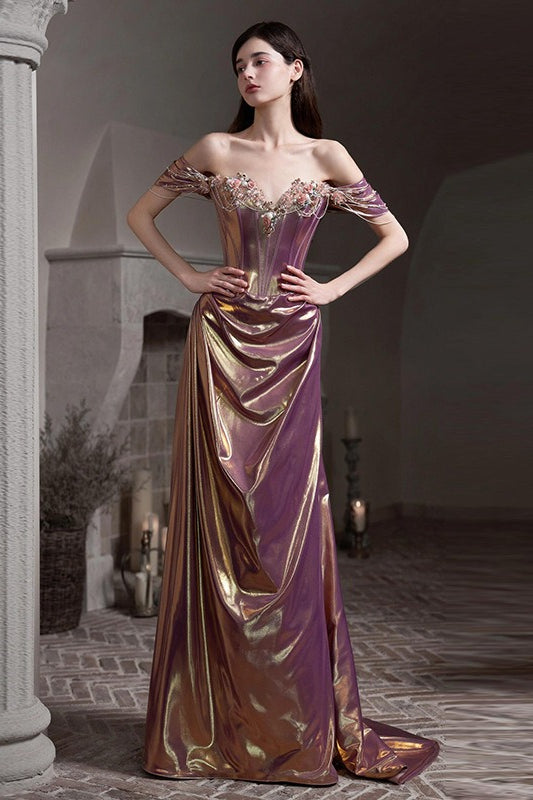 Off Shoulder Sweetheart Ruched High Split Mermaid Gown