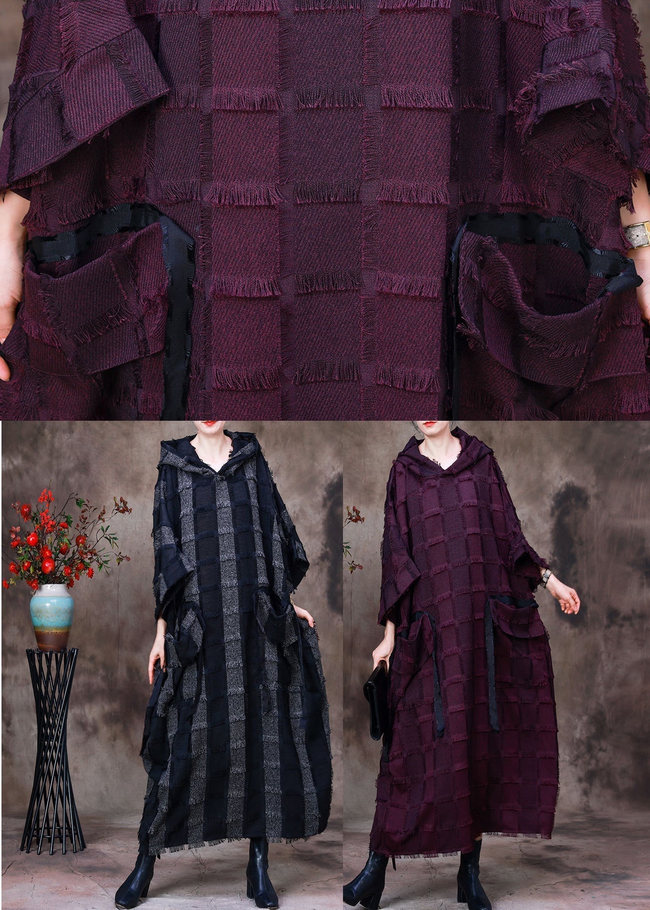 Hooded Patchwork Frayed Edge Pocket Drop Shoulder Long Sleeve Maxi Dress