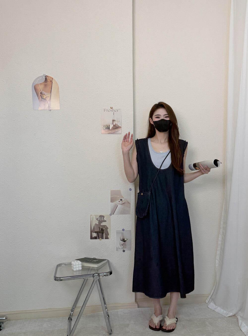 Faux Two Piece Denim Sleeveless Ruffle Trim A-Line Midi Dress 24