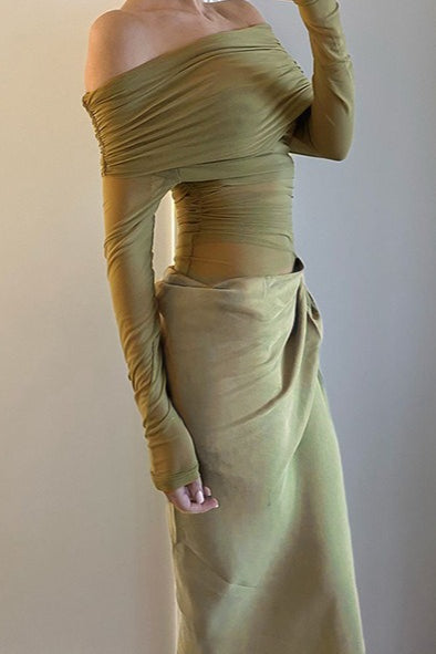 Off Shoulder Long Sleeve Sheer Mesh Ruched Bodycon Maxi Dress