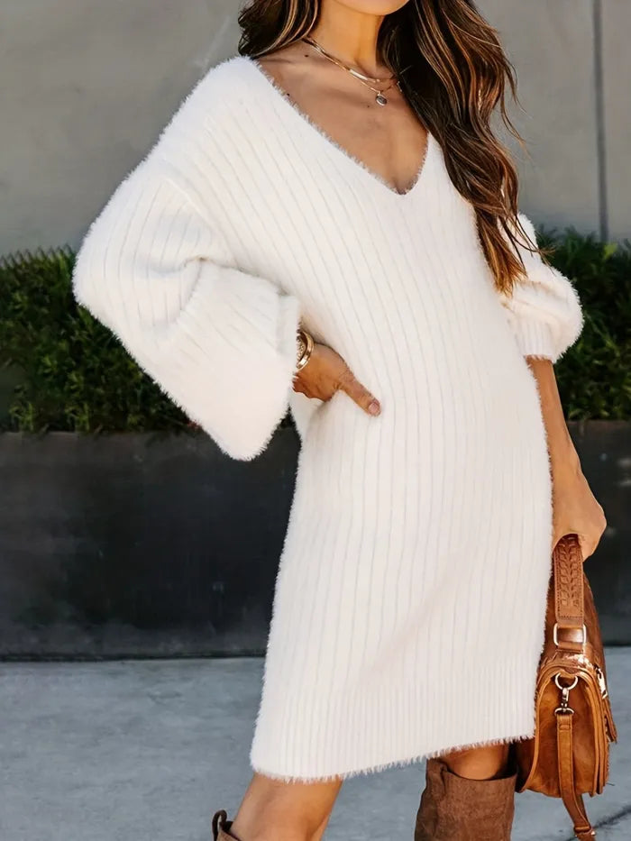 Eyelash Rib Knit V-Neck Long Bell Sleeve Mini Sweater Dress