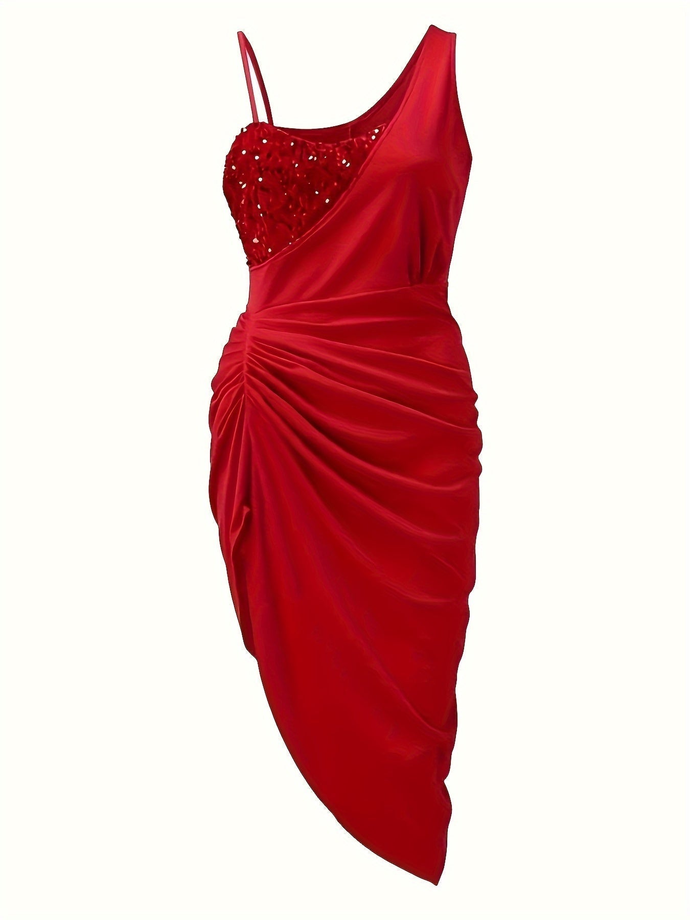 One Shoulder Sequin Panel Ruched Wrap Tulip Hem Cocktail Midi Dress