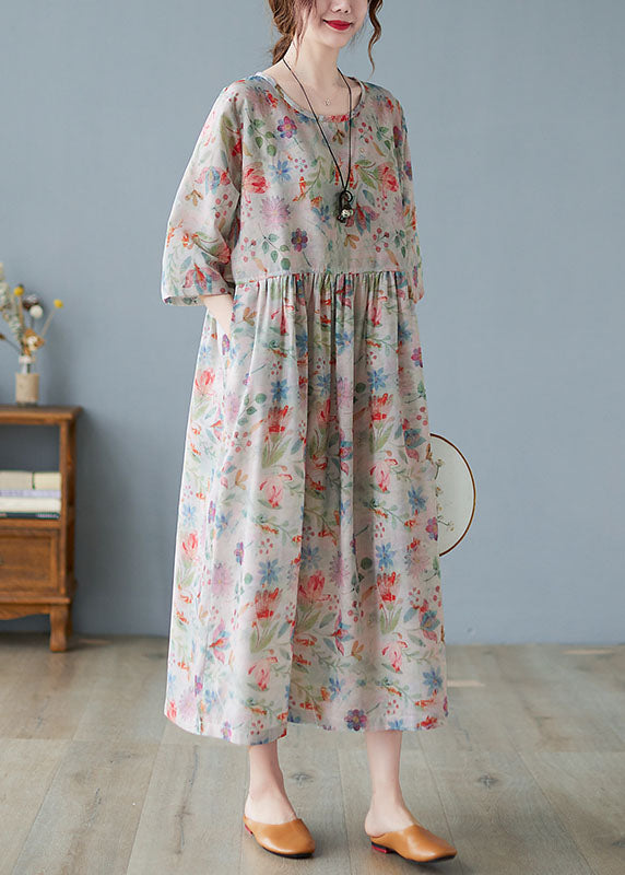Watercolor Floral Print Round Neck Half Sleeve Empire Waist Linen Blend Maxi Dress