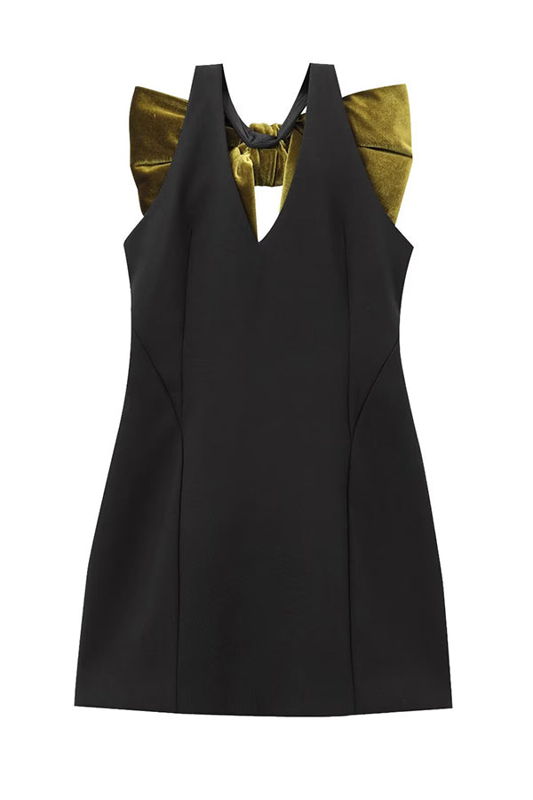 Sweet Party Contrast Back Velvet Bow Detail Mini Dress - View 5