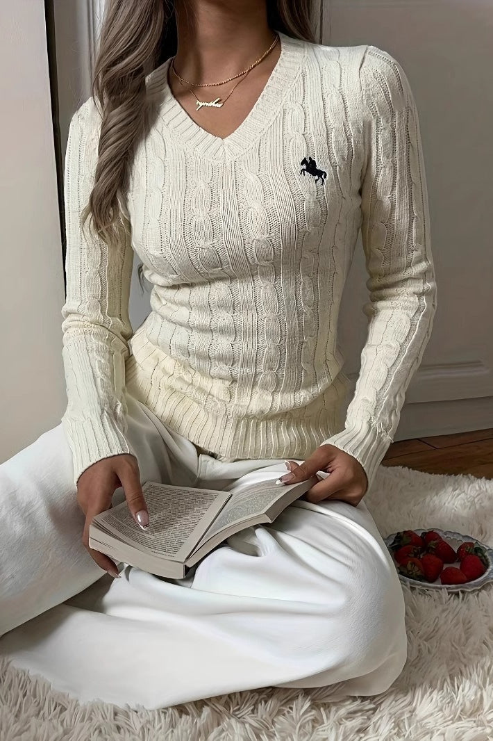 Embroidered Cable Knit V Neck Sweater