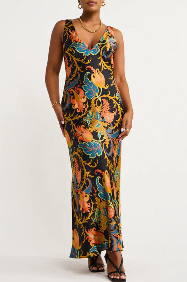 Forever Mine Satin Exclusive Botanical Print Slip Maxi Dress - View 8
