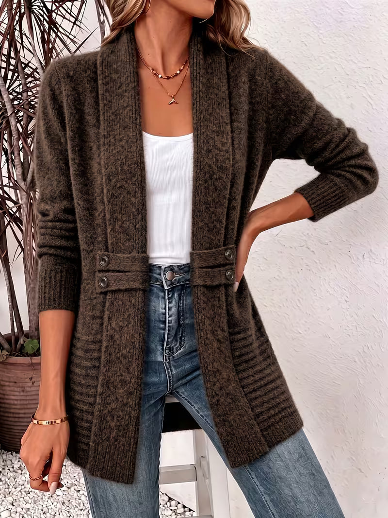 Shawl Collar Open Front Button Tab Ribbed Cardigan