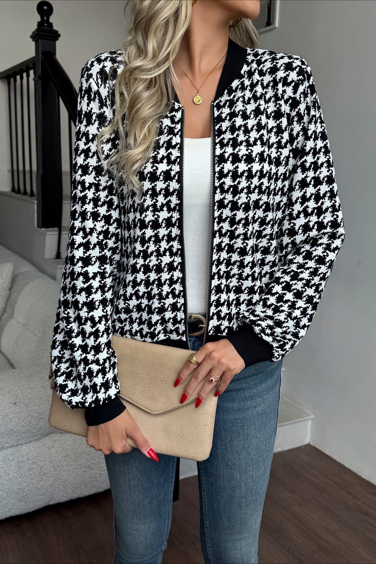 Houndstooth Zip Front Long Sleeve Contrast Trim Bomber Jacket 5