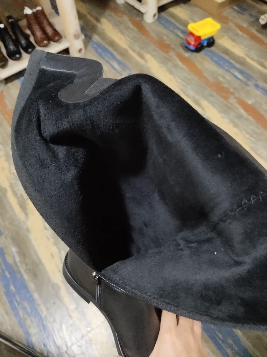 Handmade Soft��Leather Knee High Boots Side Zip Riding Boots Black Short Plush