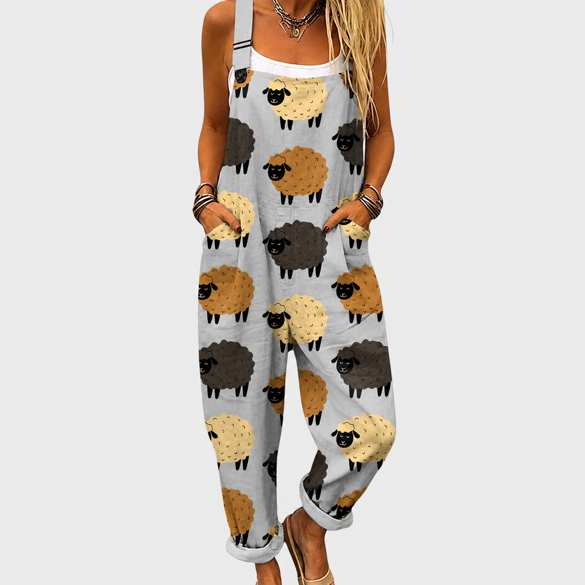 Sheep Print Adjustable Strap Pocket Overall Jumpsuit